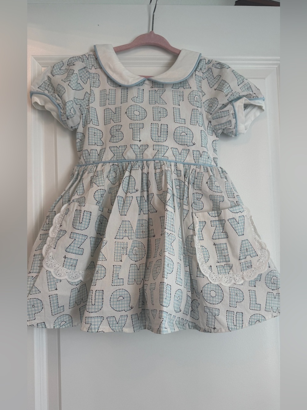 SweetHoney Alphabet Print Peter Pan Collar Dress - Light Blue & White